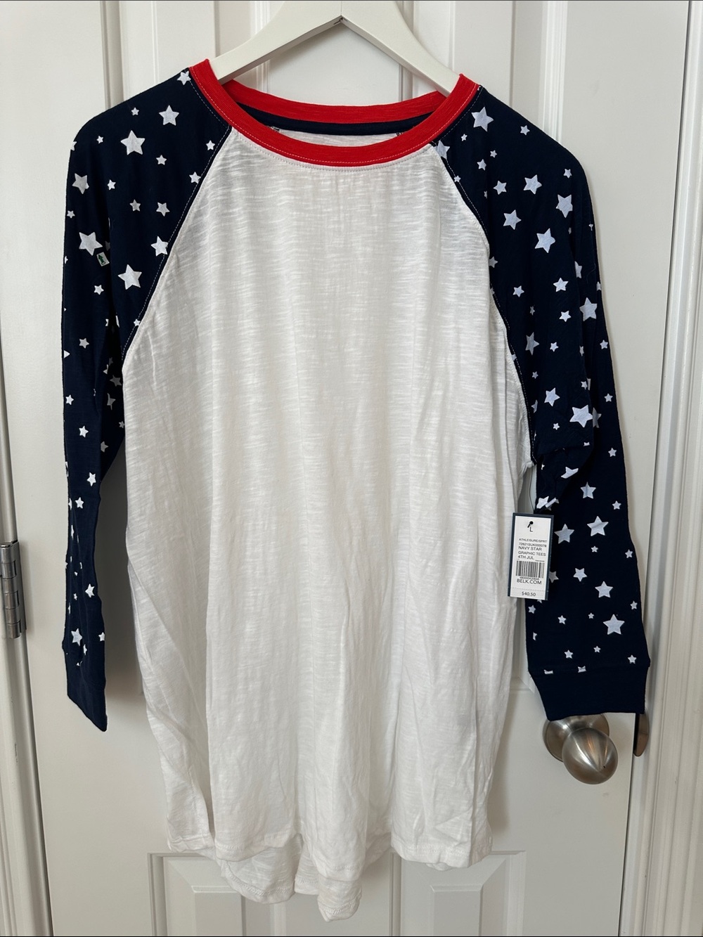 crown & ivy White Bodice with Navy Star Raglan and Red Trim Long Sleeve Tee